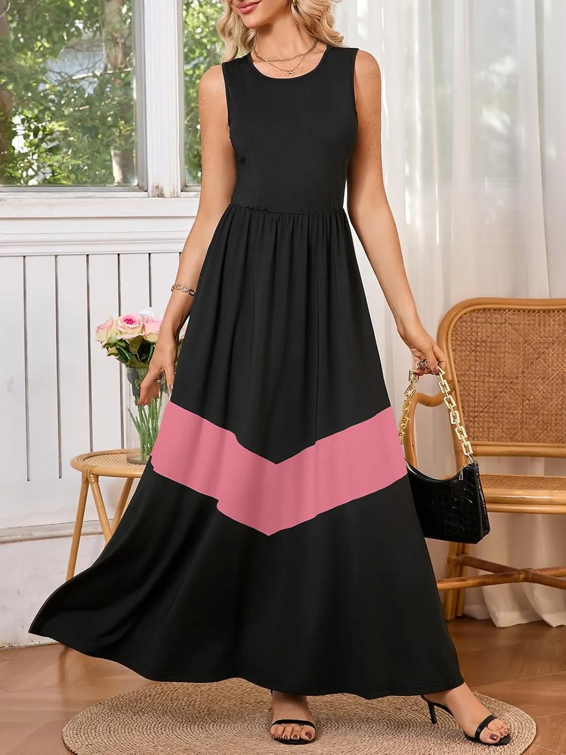 Women's Summer Colorblock Loose Tank Round Neck Dress Sleeveless Casual Holiday Flared Swing Beach Long Maxi Sundress