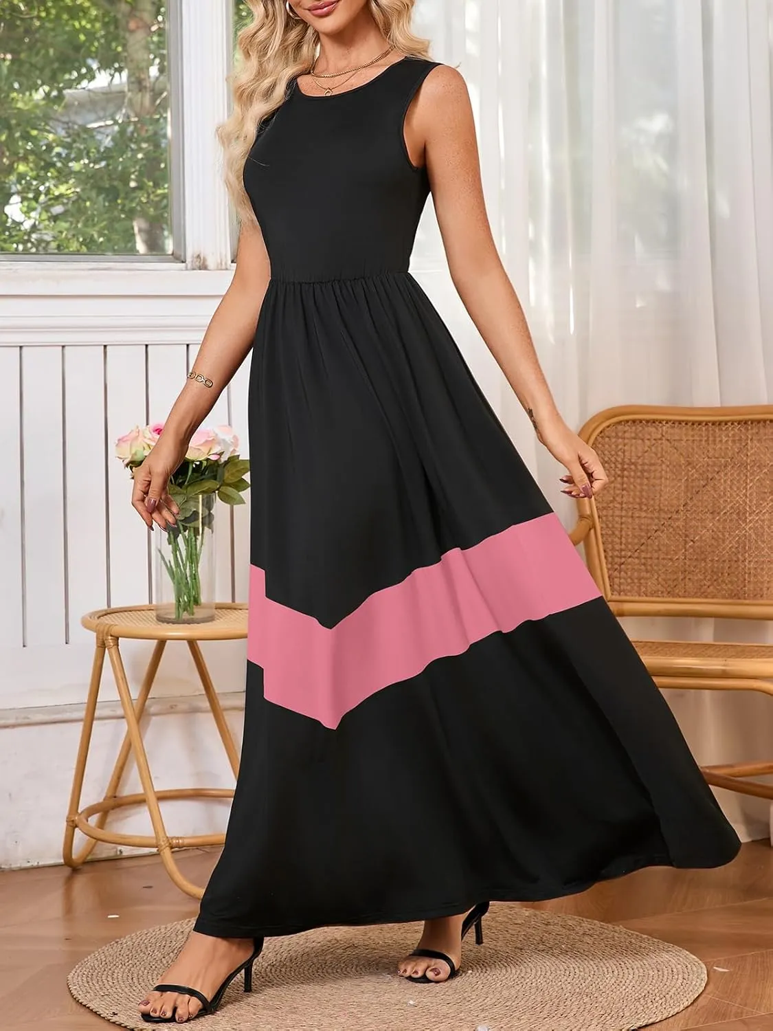 Women's Summer Colorblock Loose Tank Round Neck Dress Sleeveless Casual Holiday Flared Swing Beach Long Maxi Sundress