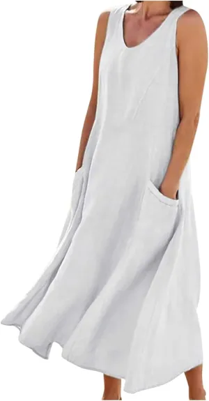 Womens Summer Cotton Linen Dress Sleeveless Scoop Neck Flowy Sundress 2025 Plus Size Loose Comfy Midi Dresses Pockets