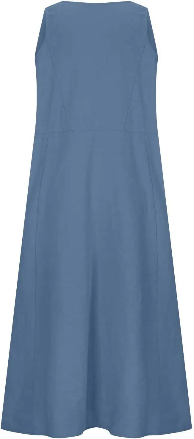 Womens Summer Cotton Linen Dress Sleeveless Scoop Neck Flowy Sundress 2025 Plus Size Loose Comfy Midi Dresses Pockets
