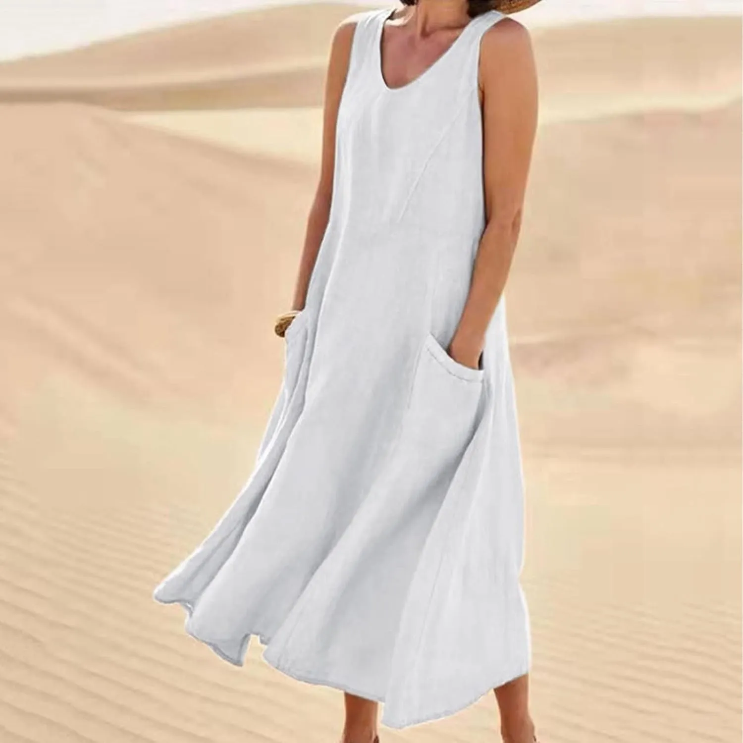 Womens Summer Cotton Linen Dress Sleeveless Scoop Neck Flowy Sundress 2025 Plus Size Loose Comfy Midi Dresses Pockets