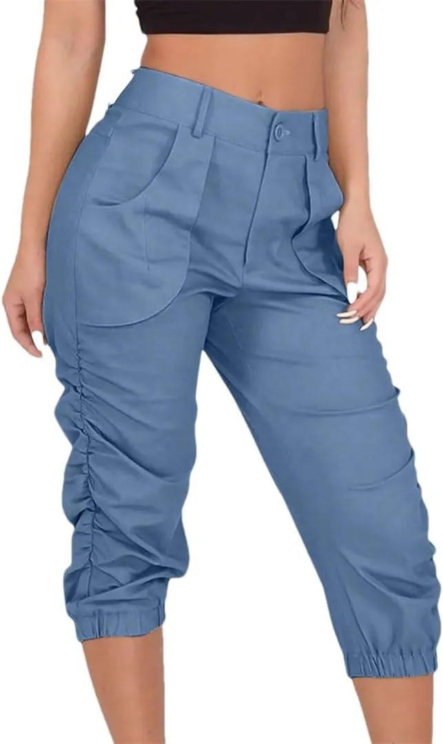 Womens Summer Cropped Cargo Pants Cropped Trousers Harem Jogging Beam Foot Fitness Pocket Loose Short Pants