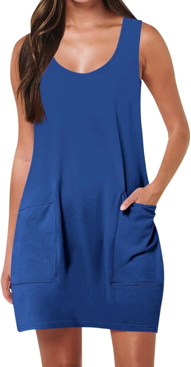 Womens Summer Dresses 2025 Casual Crew Neck Sleeveless Mini Dress Vacation Beach Sundresses Loose Fit Tank T Shirt