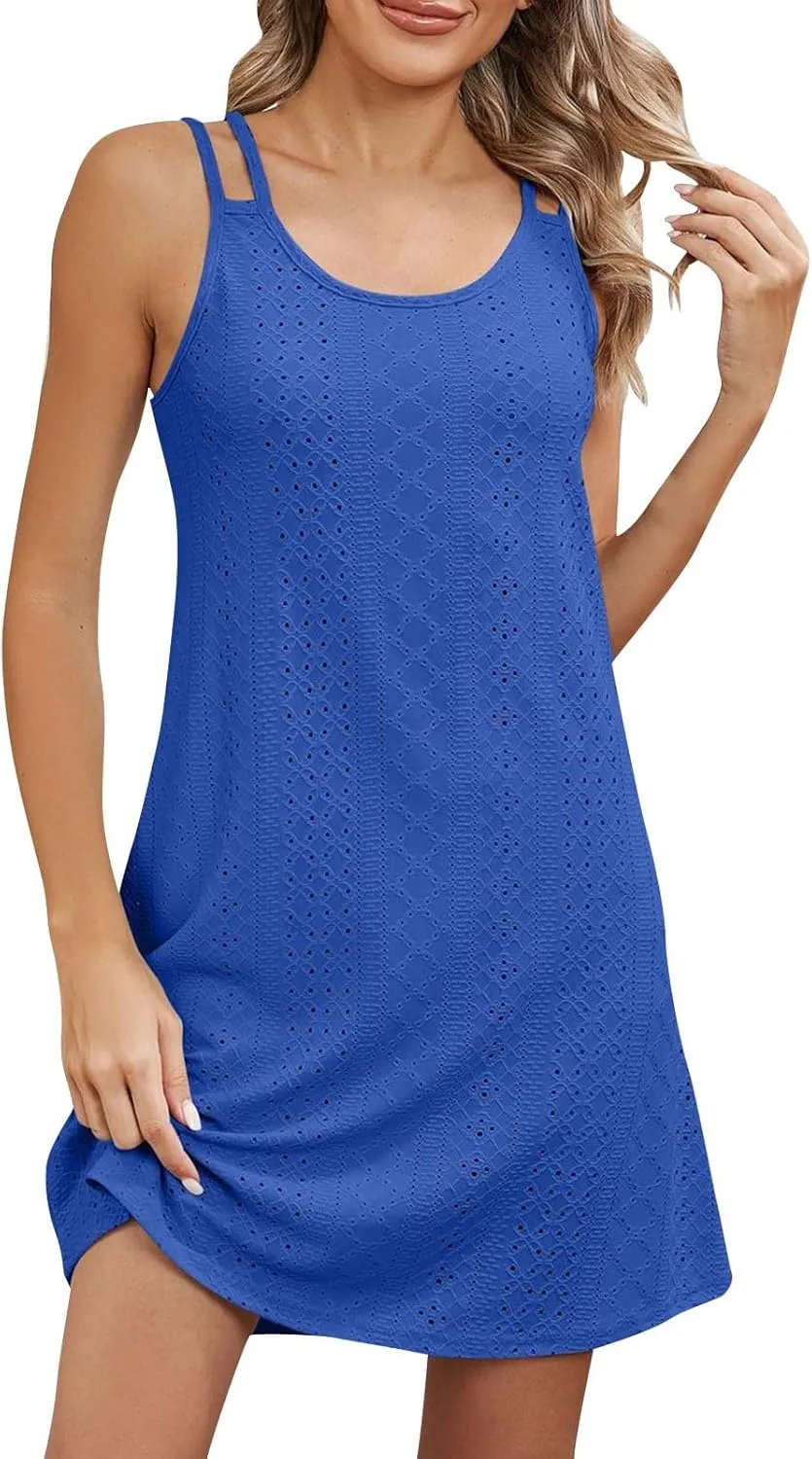 Womens Summer Dresses 2025 Casual Trendy Mini Sundresses A Line Beach Vacation Boho Sun Dress Strappy Sundress Eyelet