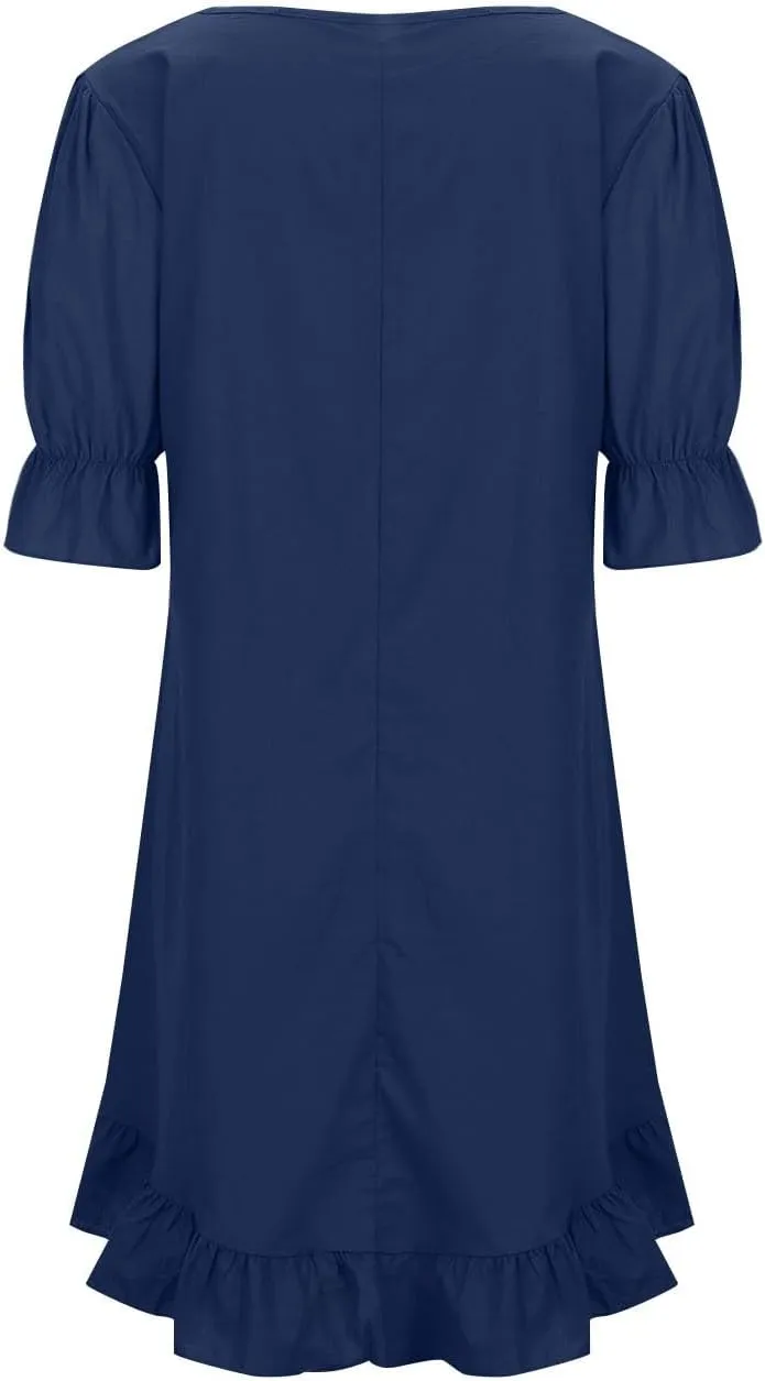Womens Summer Dresses Casual Short Sleeve Ruffle Hem Crewneck Loose Mini Dresses Flowy A Line Pleated T Shirt Dress
