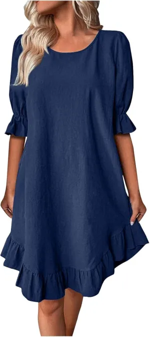 Womens Summer Dresses Casual Short Sleeve Ruffle Hem Crewneck Loose Mini Dresses Flowy A Line Pleated T Shirt Dress
