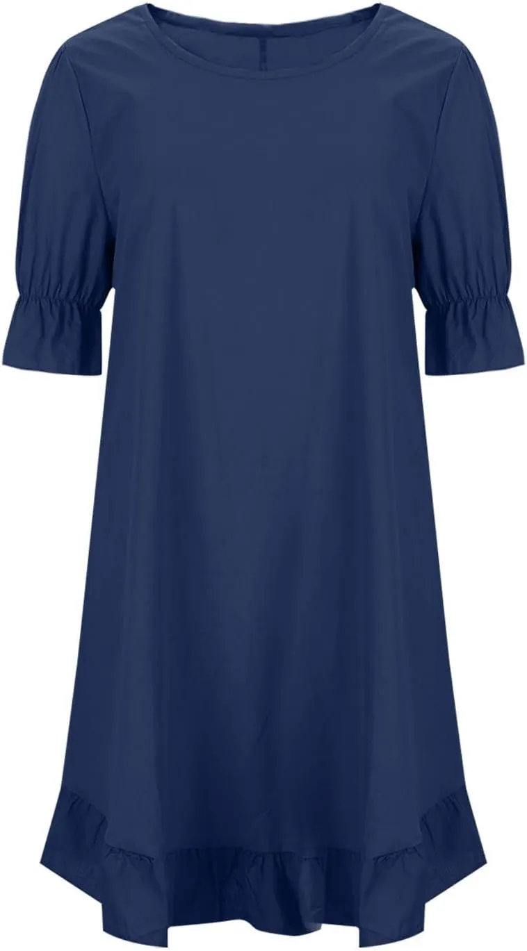 Womens Summer Dresses Casual Short Sleeve Ruffle Hem Crewneck Loose Mini Dresses Flowy A Line Pleated T Shirt Dress