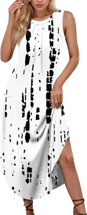 Womens Summer Dresses Prited Sleeveless Maxi Long Dress Loose Beach Sundresses Casual Tshirt Tank Dresses with Pockets