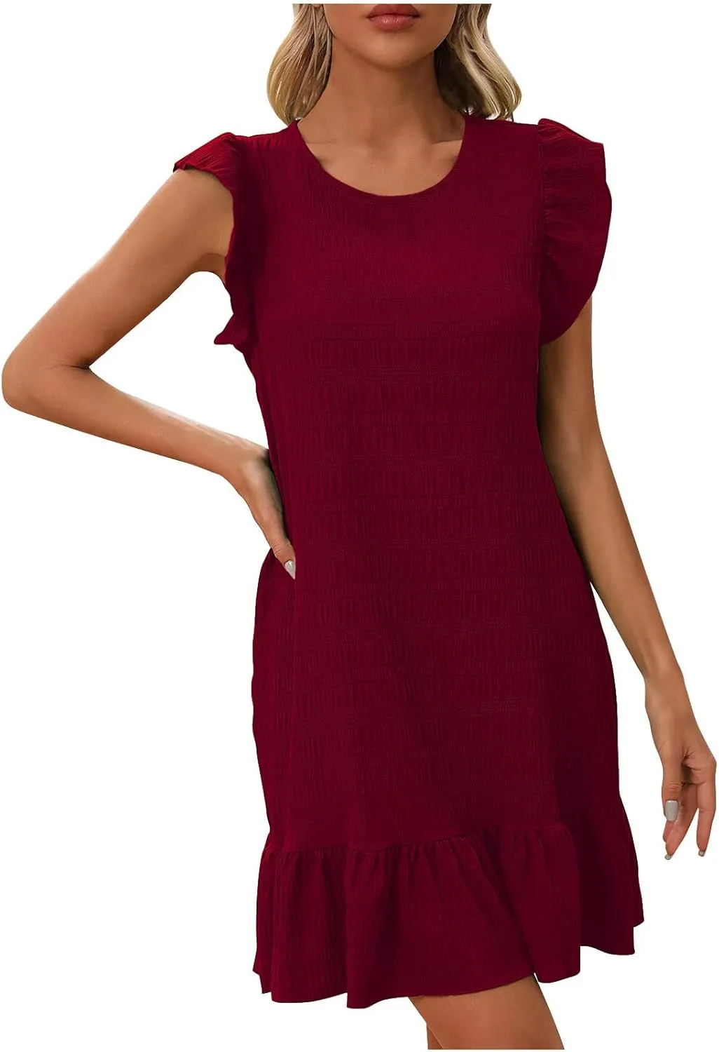 Women's Summer Dresses Round Neck Flutter Sleeveless Tank Dress Solid Color Flowy Ruffle Hem Mini Babydoll Dresses