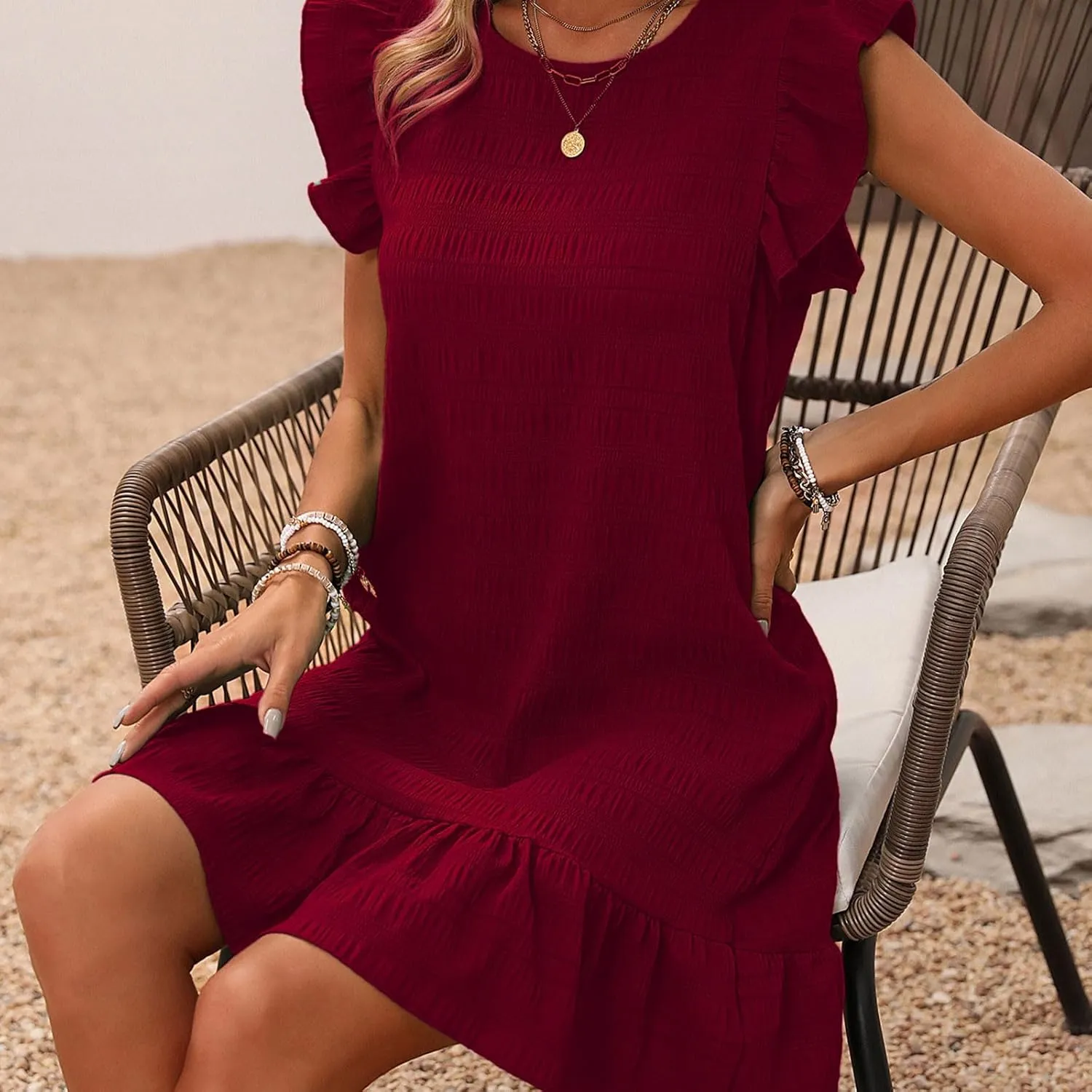 Women's Summer Dresses Round Neck Flutter Sleeveless Tank Dress Solid Color Flowy Ruffle Hem Mini Babydoll Dresses