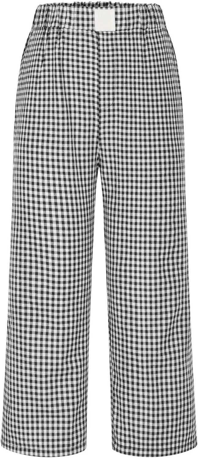 Women's Summer Elastic High Waisted Plaid Straight Leg Cropped Pants Casual Loose Gingham Trousers with Pockets