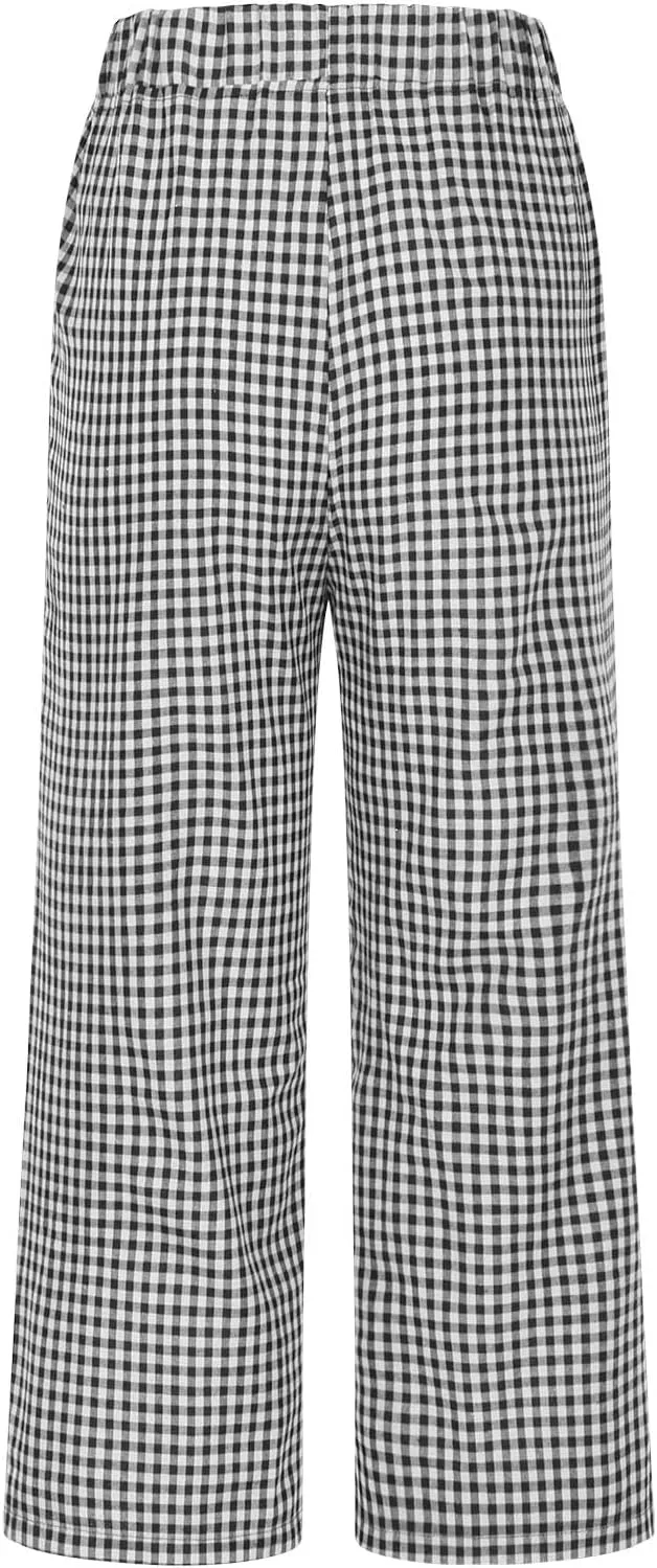 Women's Summer Elastic High Waisted Plaid Straight Leg Cropped Pants Casual Loose Gingham Trousers with Pockets