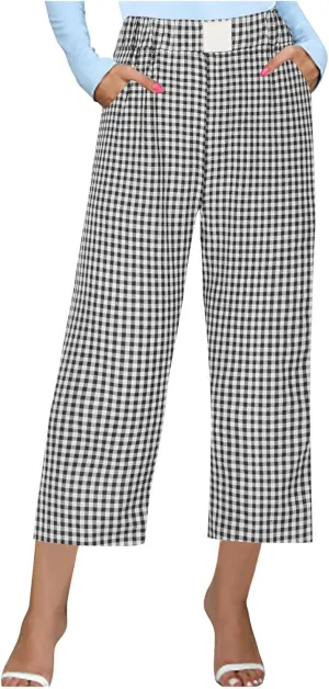 Women's Summer Elastic High Waisted Plaid Straight Leg Cropped Pants Casual Loose Gingham Trousers with Pockets