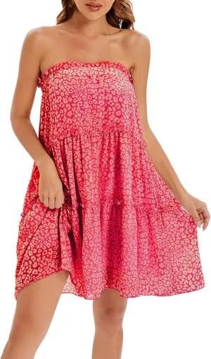 Women's Summer Spaghetti Strap Ruffle Hem Sleeveless Cami Dress Casual Tiered Flowy Mini Dresses Loose Beach Sundress