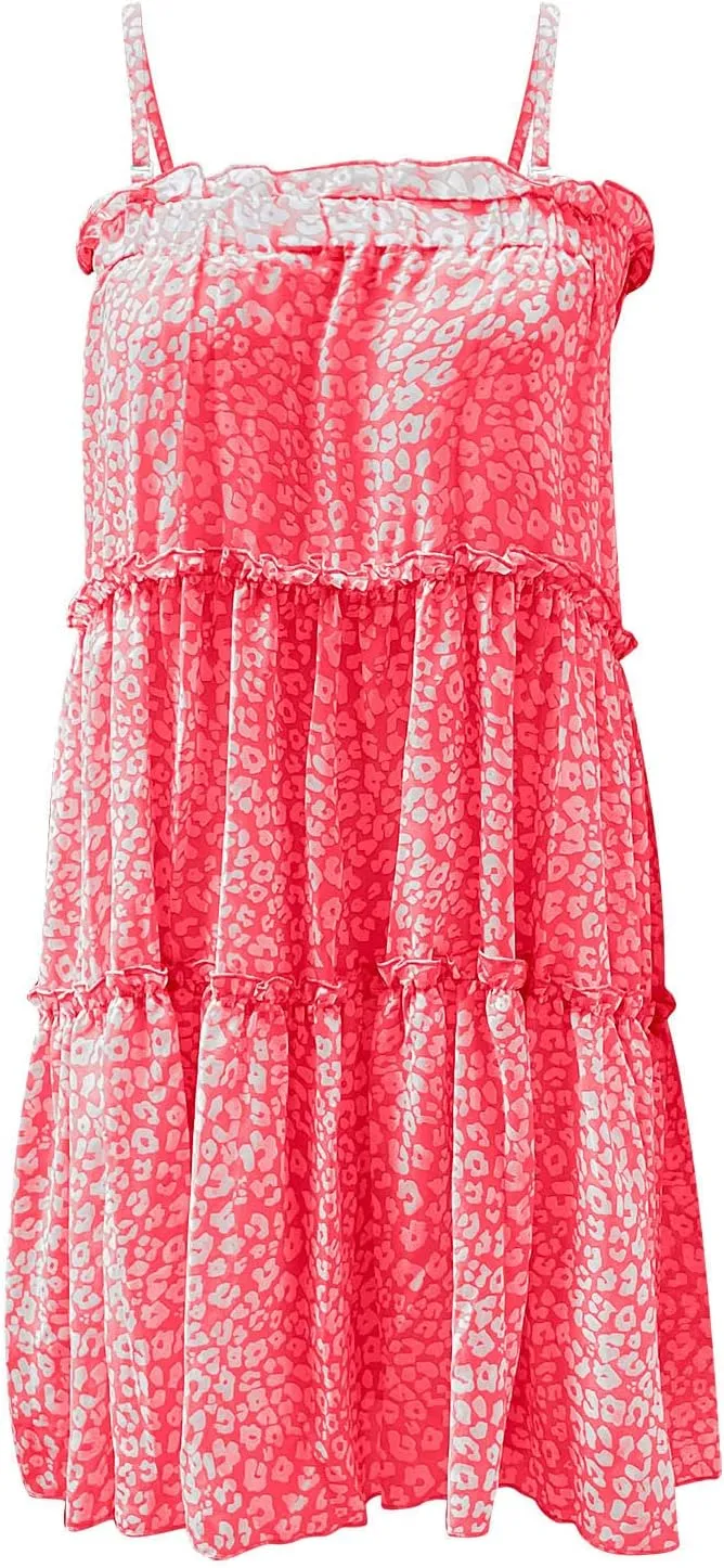 Women's Summer Spaghetti Strap Ruffle Hem Sleeveless Cami Dress Casual Tiered Flowy Mini Dresses Loose Beach Sundress