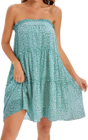 Women's Summer Spaghetti Strap Ruffle Hem Sleeveless Cami Dress Casual Tiered Flowy Mini Dresses Loose Beach Sundress