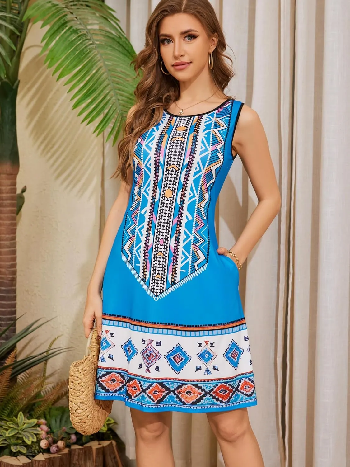 Womens Summer Sundress Aline Sleeveless Crewneck Casual Beach Fit and Flare Mini Short Dress with Pockets