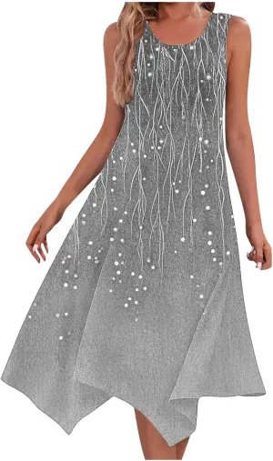Womens Summer Tank Sleeveless Maxi Dresses Trendy Crewneck Floral Flowy Sundress Hankerchief Hem Ruffle Boho Dress