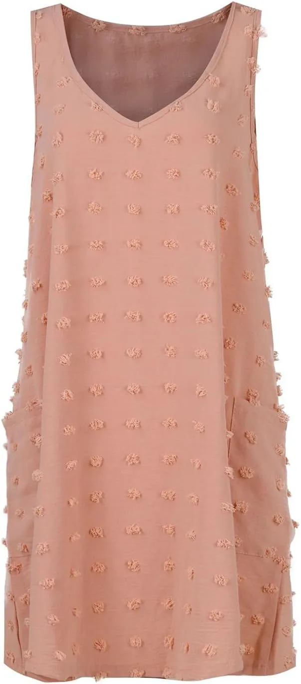 Womens V Neck Swiss Dot Mini Dress Sleeveless Loose Tank Dress Sundress Boho Beach Cover up Summer Dress with Pockets
