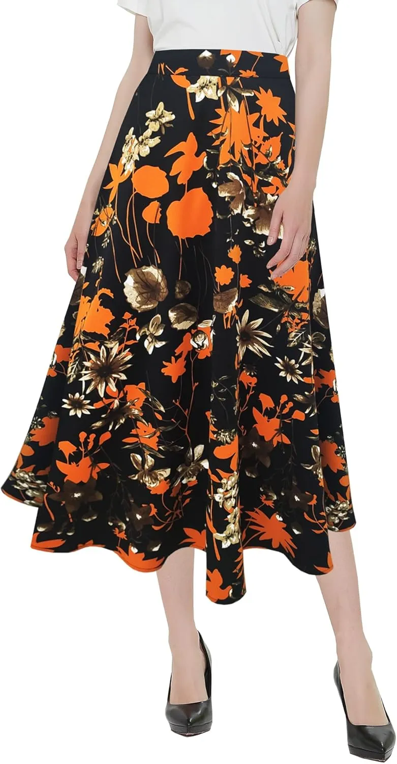 Women's Vintage Floral Printed A-line Pleated Flared Midi Skirts