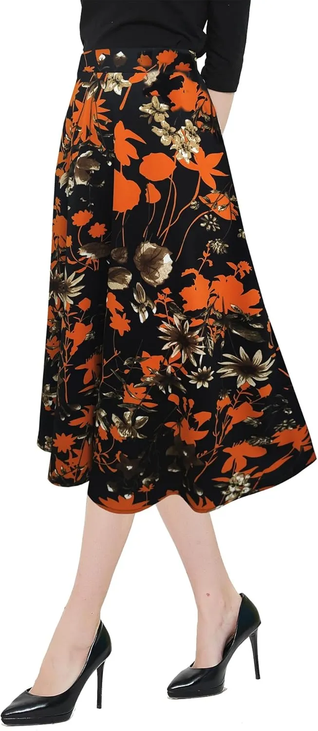 Women's Vintage Floral Printed A-line Pleated Flared Midi Skirts