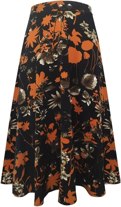 Women's Vintage Floral Printed A-line Pleated Flared Midi Skirts