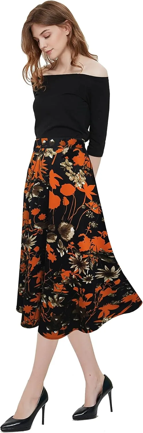 Women's Vintage Floral Printed A-line Pleated Flared Midi Skirts