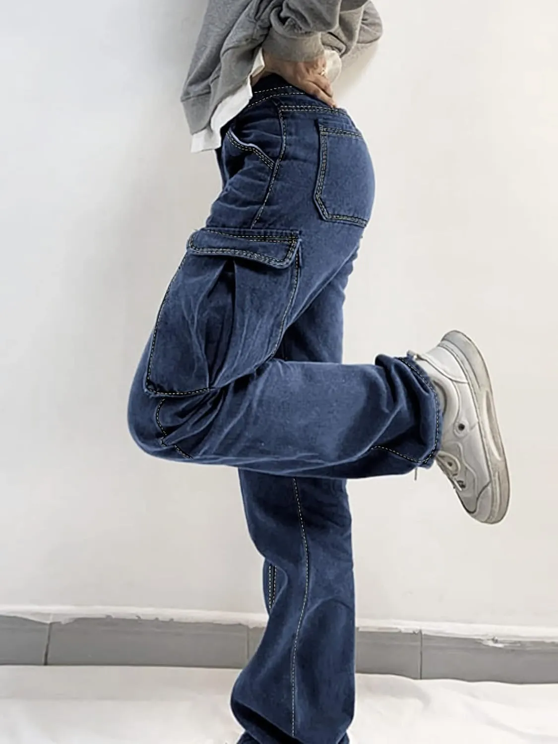 Xineicy Women's Mid Waist Pocket Cargo Jeans Washed Baggy Wide Leg Denim Pants Order 1 Size UP