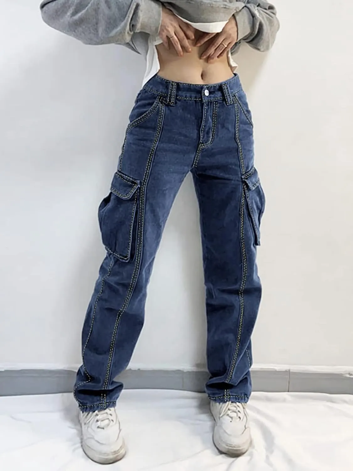 Xineicy Women's Mid Waist Pocket Cargo Jeans Washed Baggy Wide Leg Denim Pants Order 1 Size UP