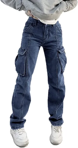 Xineicy Women's Mid Waist Pocket Cargo Jeans Washed Baggy Wide Leg Denim Pants Order 1 Size UP