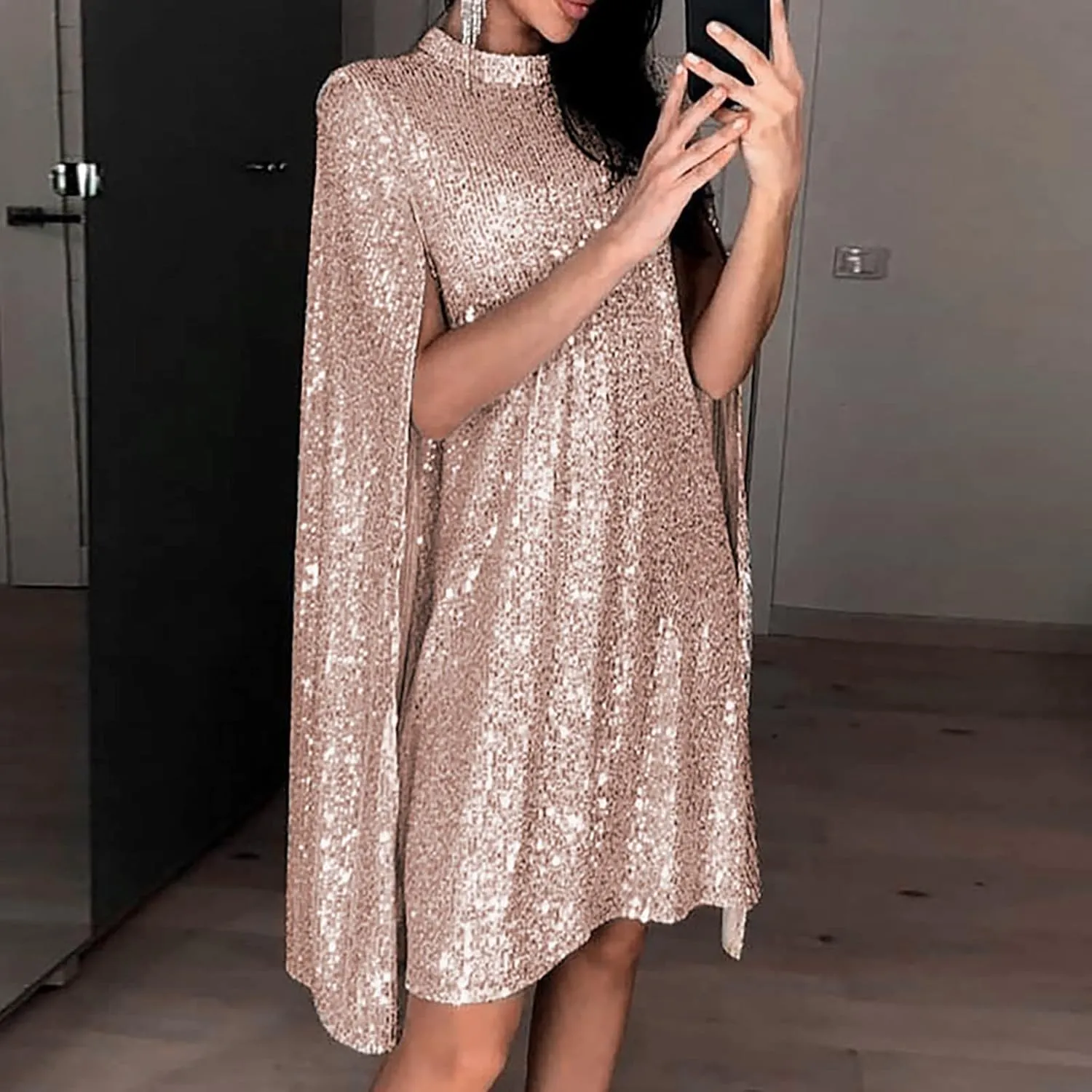XUNRYAN Sequin Dress Women Cloak Long Sleeve Dresses Sparkly Glitter Clubwear Evening Party Mini Formal Dress with Cape