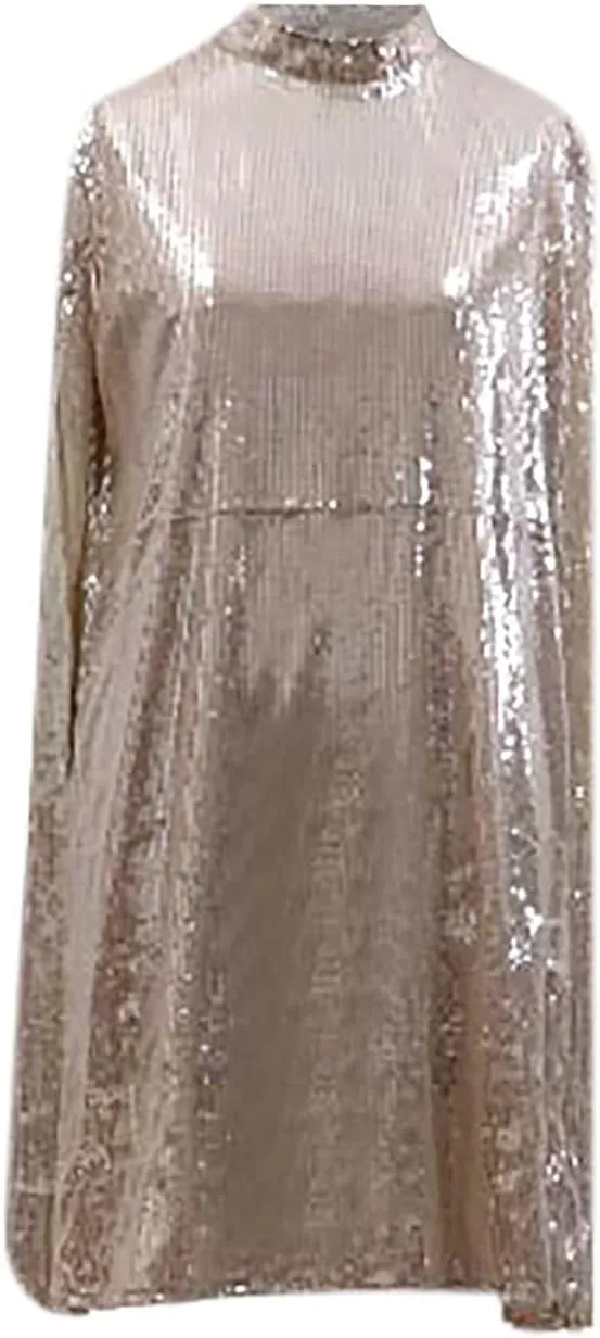 XUNRYAN Sequin Dress Women Cloak Long Sleeve Dresses Sparkly Glitter Clubwear Evening Party Mini Formal Dress with Cape