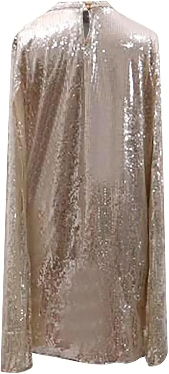 XUNRYAN Sequin Dress Women Cloak Long Sleeve Dresses Sparkly Glitter Clubwear Evening Party Mini Formal Dress with Cape