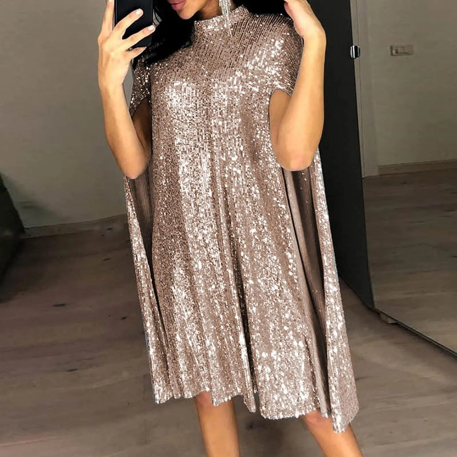 XUNRYAN Sequin Dress Women Cloak Long Sleeve Dresses Sparkly Glitter Clubwear Evening Party Mini Formal Dress with Cape
