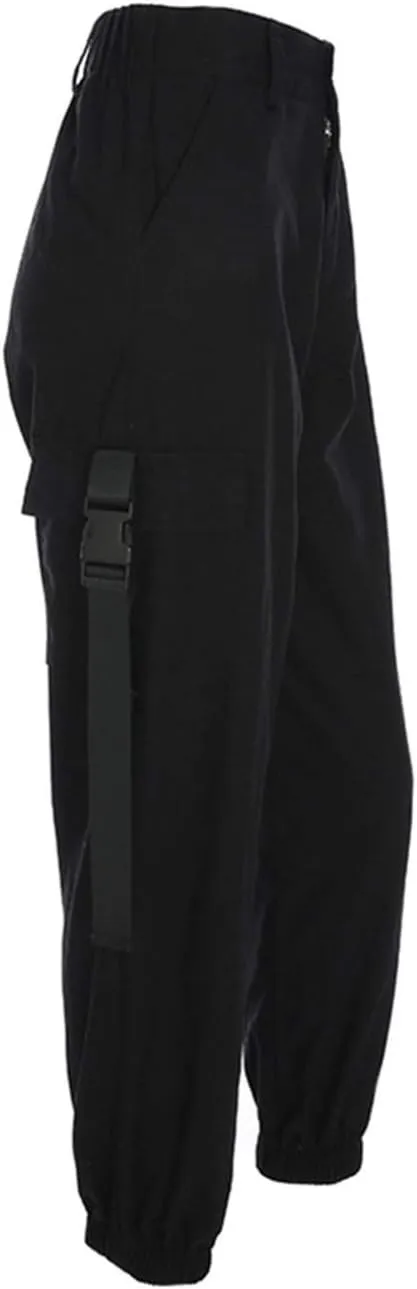 xxxiticat Women's Buckle Cargo Pants High Waist Multi-Pockets Hip Hop Chain Lace Up Motorcycle Plain Loose Baggy Trouser