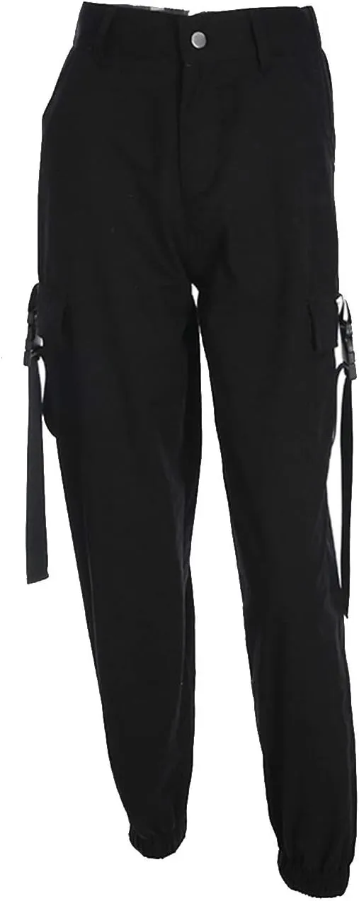 xxxiticat Women's Buckle Cargo Pants High Waist Multi-Pockets Hip Hop Chain Lace Up Motorcycle Plain Loose Baggy Trouser
