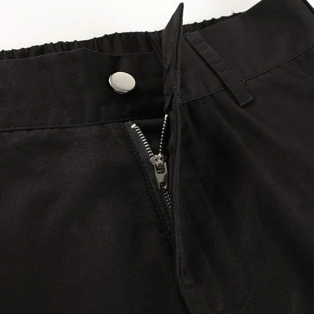 xxxiticat Women's Buckle Cargo Pants High Waist Multi-Pockets Hip Hop Chain Lace Up Motorcycle Plain Loose Baggy Trouser