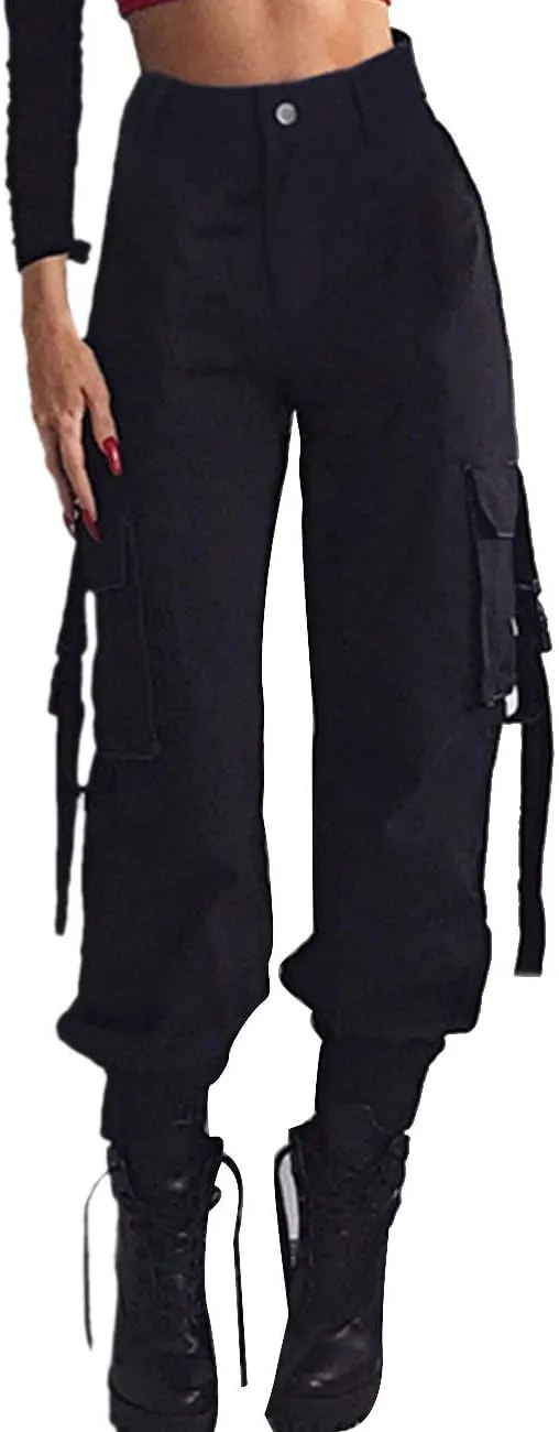 xxxiticat Women's Buckle Cargo Pants High Waist Multi-Pockets Hip Hop Chain Lace Up Motorcycle Plain Loose Baggy Trouser
