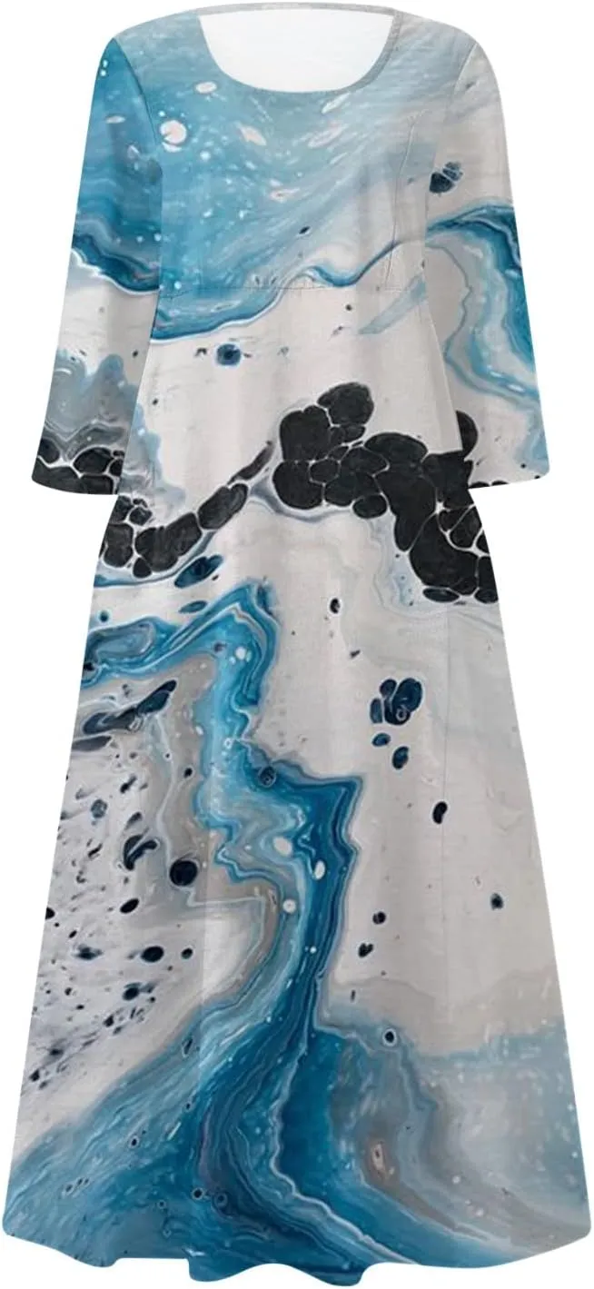 Yesunpxs 3/4 Sleeve Dresses for Women Summer Flowy Long Dress Casual Beach Sundresses Printed Boho Maxi Dresses with Pockets