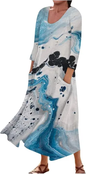 Yesunpxs 3/4 Sleeve Dresses for Women Summer Flowy Long Dress Casual Beach Sundresses Printed Boho Maxi Dresses with Pockets