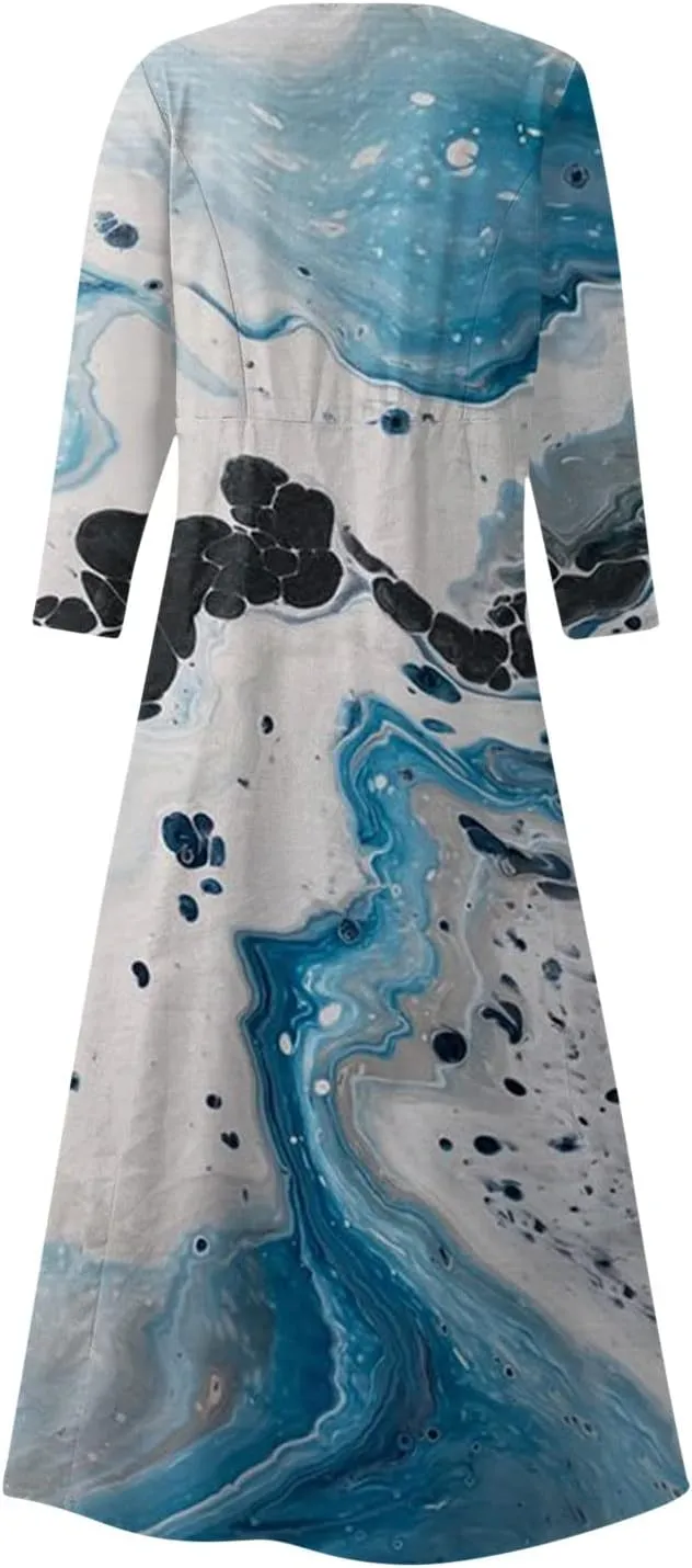 Yesunpxs 3/4 Sleeve Dresses for Women Summer Flowy Long Dress Casual Beach Sundresses Printed Boho Maxi Dresses with Pockets