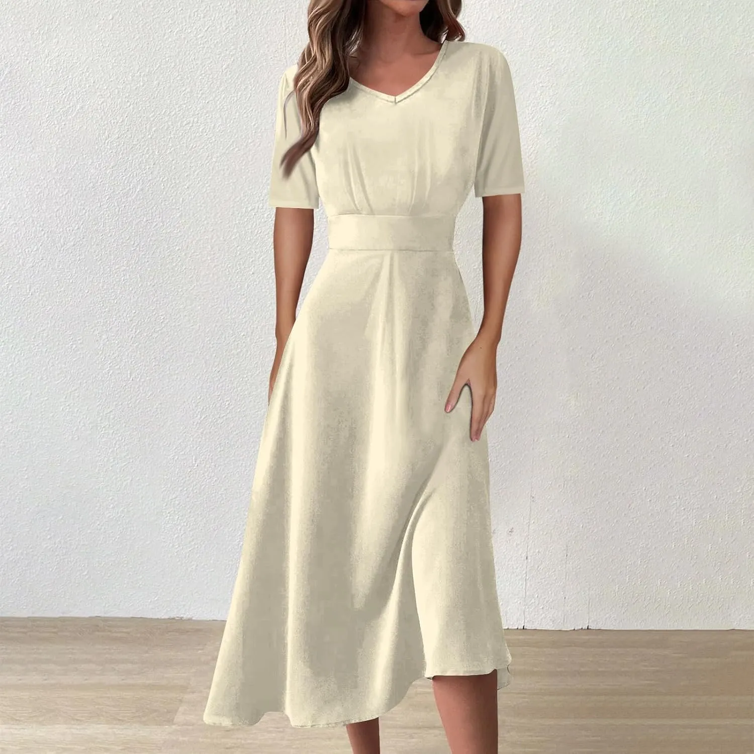 Yesunpxs Summer Dresses for Women Flowy Swing Long Dress Trendy V Neck Waist Maxi Dress Floral Printed Short Sleeve Dress
