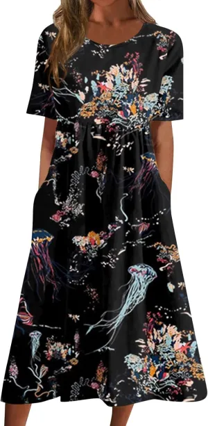 Yesunpxs Summer Dresses for Women Printing Short Sleeve Dresses Round Neck Lightweight Trendy Beach Dress with Pocket