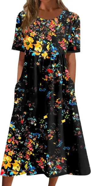 Yesunpxs Summer Dresses for Women Printing Short Sleeve Dresses Round Neck Lightweight Trendy Beach Dress with Pocket