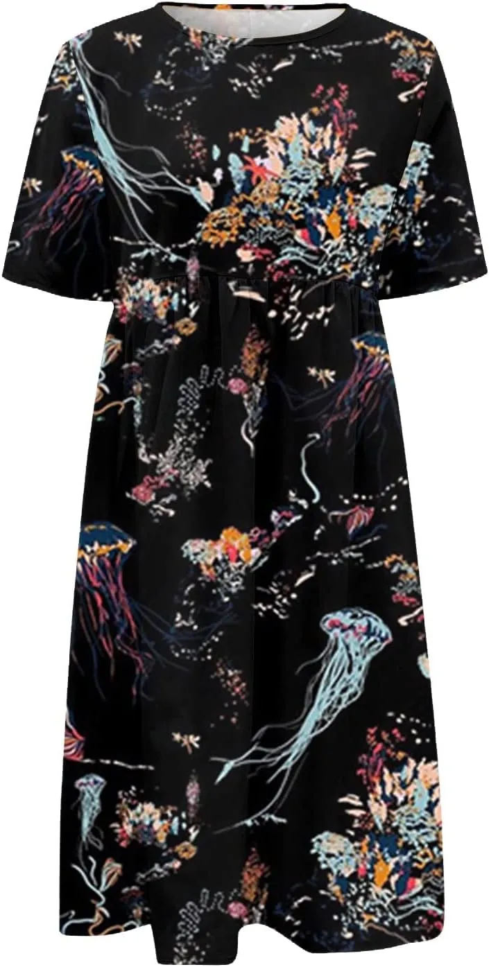 Yesunpxs Summer Dresses for Women Printing Short Sleeve Dresses Round Neck Lightweight Trendy Beach Dress with Pocket
