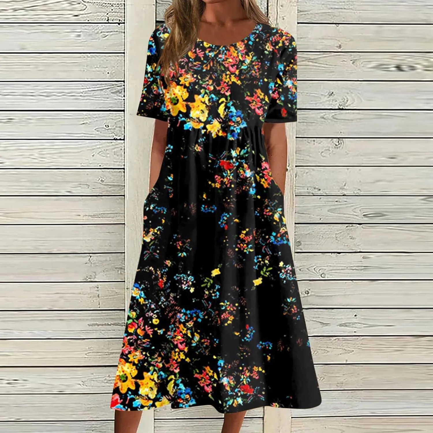 Yesunpxs Summer Dresses for Women Printing Short Sleeve Dresses Round Neck Lightweight Trendy Beach Dress with Pocket