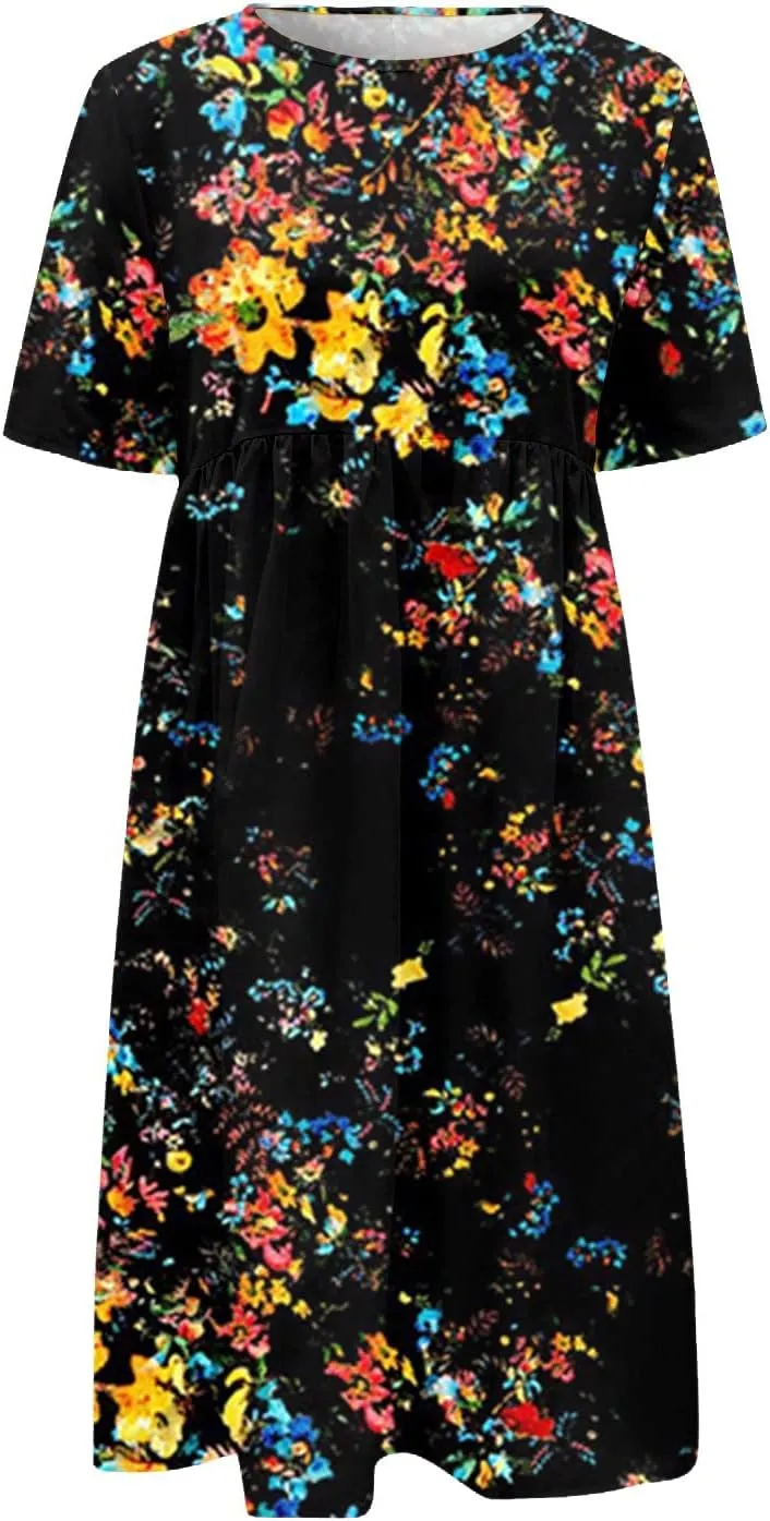 Yesunpxs Summer Dresses for Women Printing Short Sleeve Dresses Round Neck Lightweight Trendy Beach Dress with Pocket