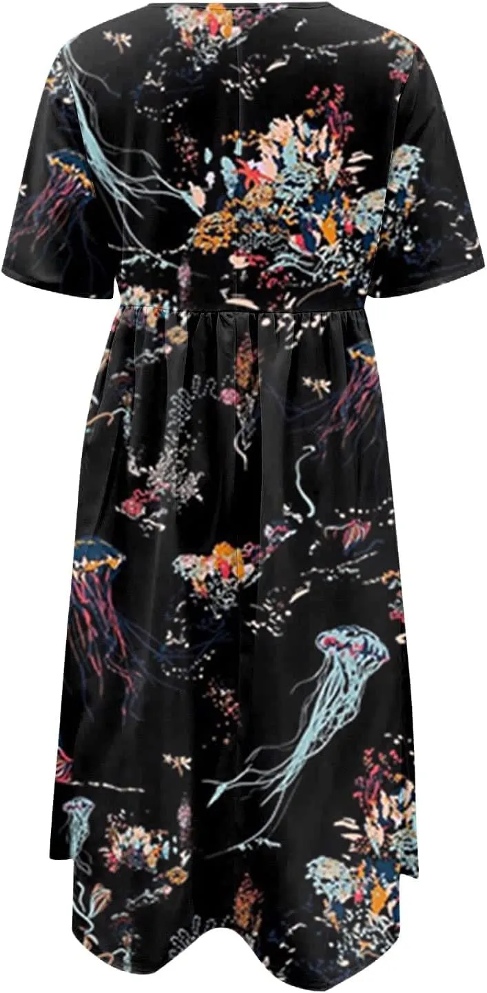 Yesunpxs Summer Dresses for Women Printing Short Sleeve Dresses Round Neck Lightweight Trendy Beach Dress with Pocket