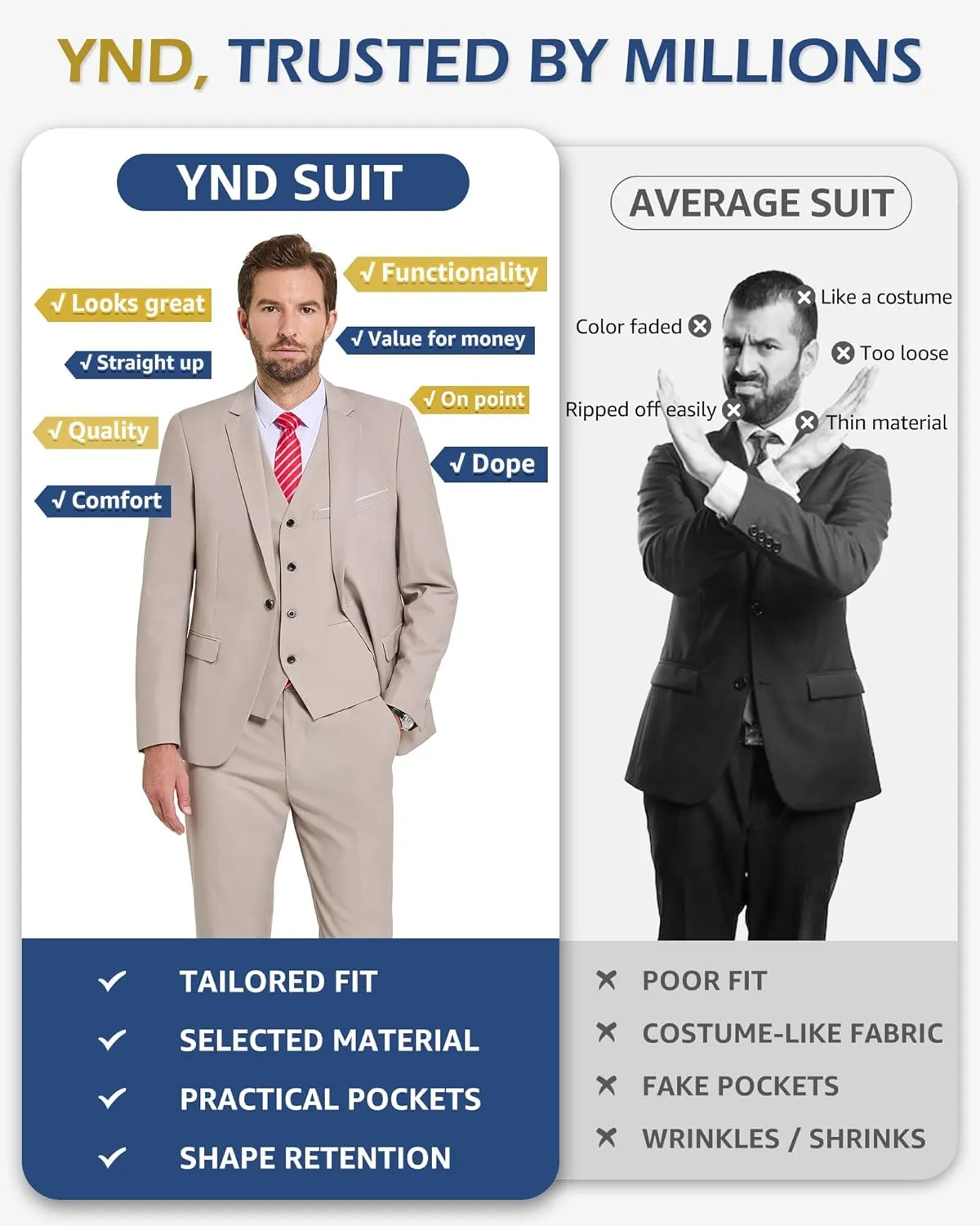 YND Men's 3 Piece Slim Fit Tuxedo Set, Solid Shawl Collar Jacquard Jacket Vest Button Pants