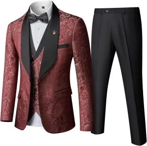 YND Men's 3 Piece Slim Fit Tuxedo Set, Solid Shawl Collar Jacquard Jacket Vest Button Pants